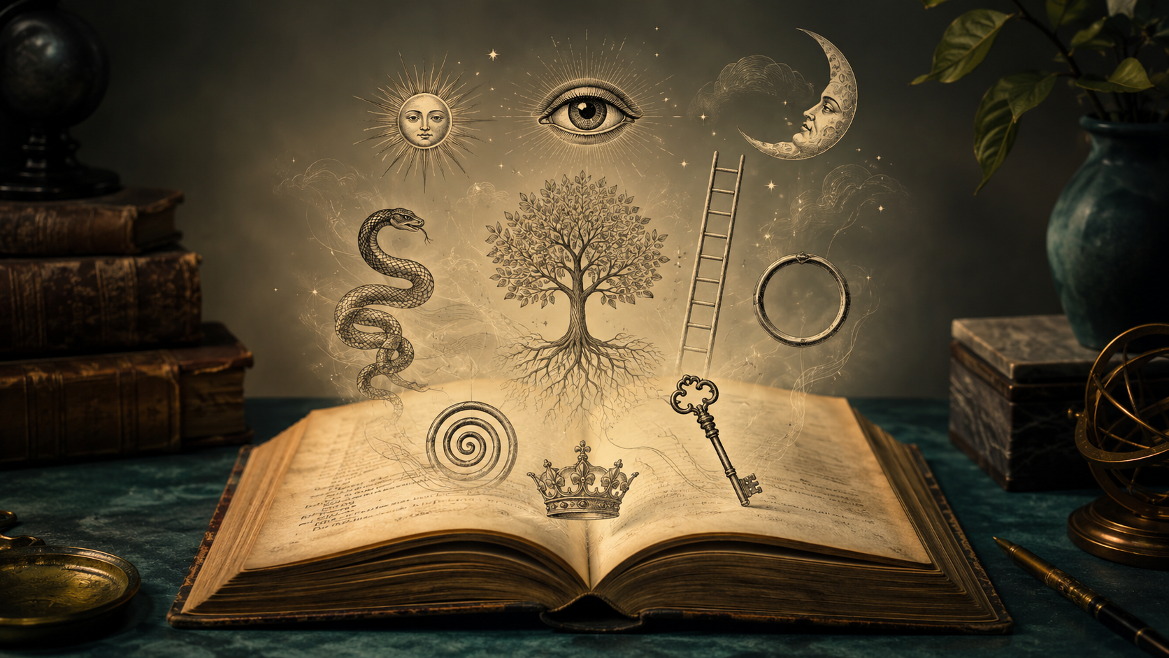 An antique book with subtle historical symbols rising from its pages, representing a course on symbolic traditions and cultural meaning.
