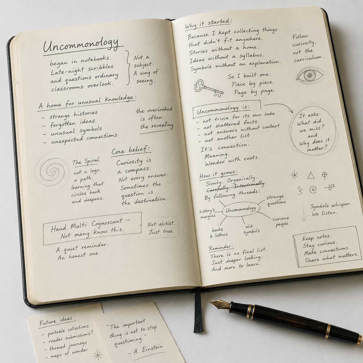 An open notebook showing how Uncommonology began through handwritten notes, crossed-out ideas, rough pencil sketches and a developing spiral.