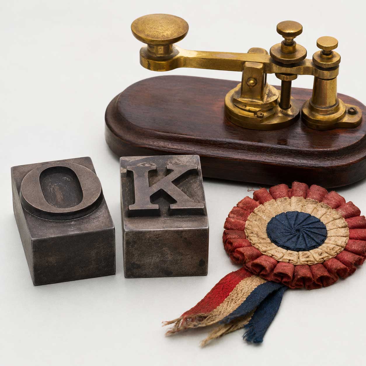 Two antique letterpress blocks beside a brass telegraph key and a faded campaign rosette.