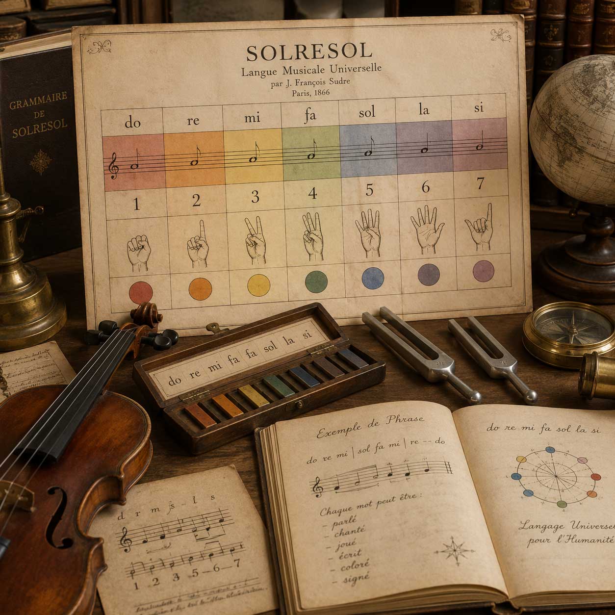 A nineteenth-century violin beside seven brass tuning forks marked with different colours on a pale surface.