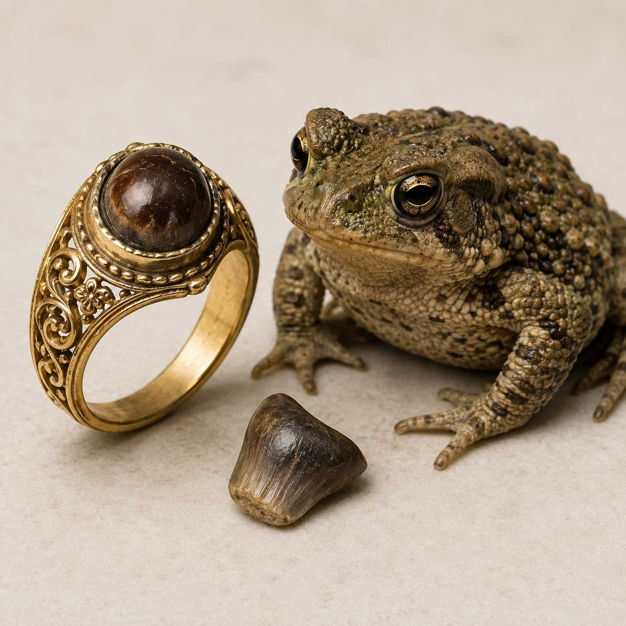 An ornate gold ring set with a rounded brown toadstone beside a toad and a fossil fish tooth.