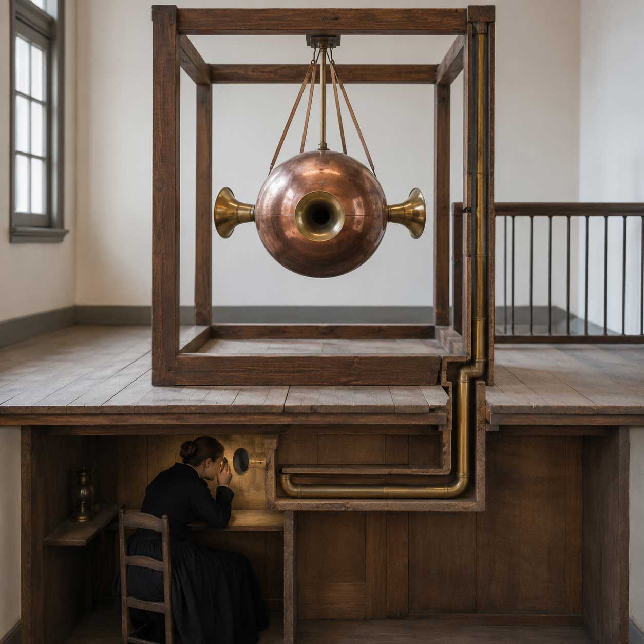 The Invisible Girl illusion with a copper sphere, four brass trumpets and hidden tubes leading beneath the floor to a concealed woman.