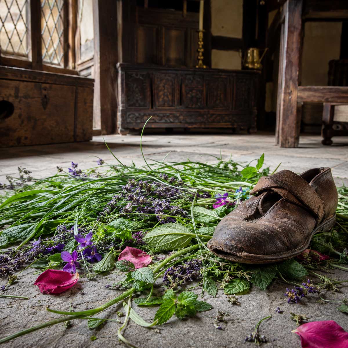 Strewing herbs, green rushes and flower petals scattered across a Tudor stone floor beside a worn leather shoe.