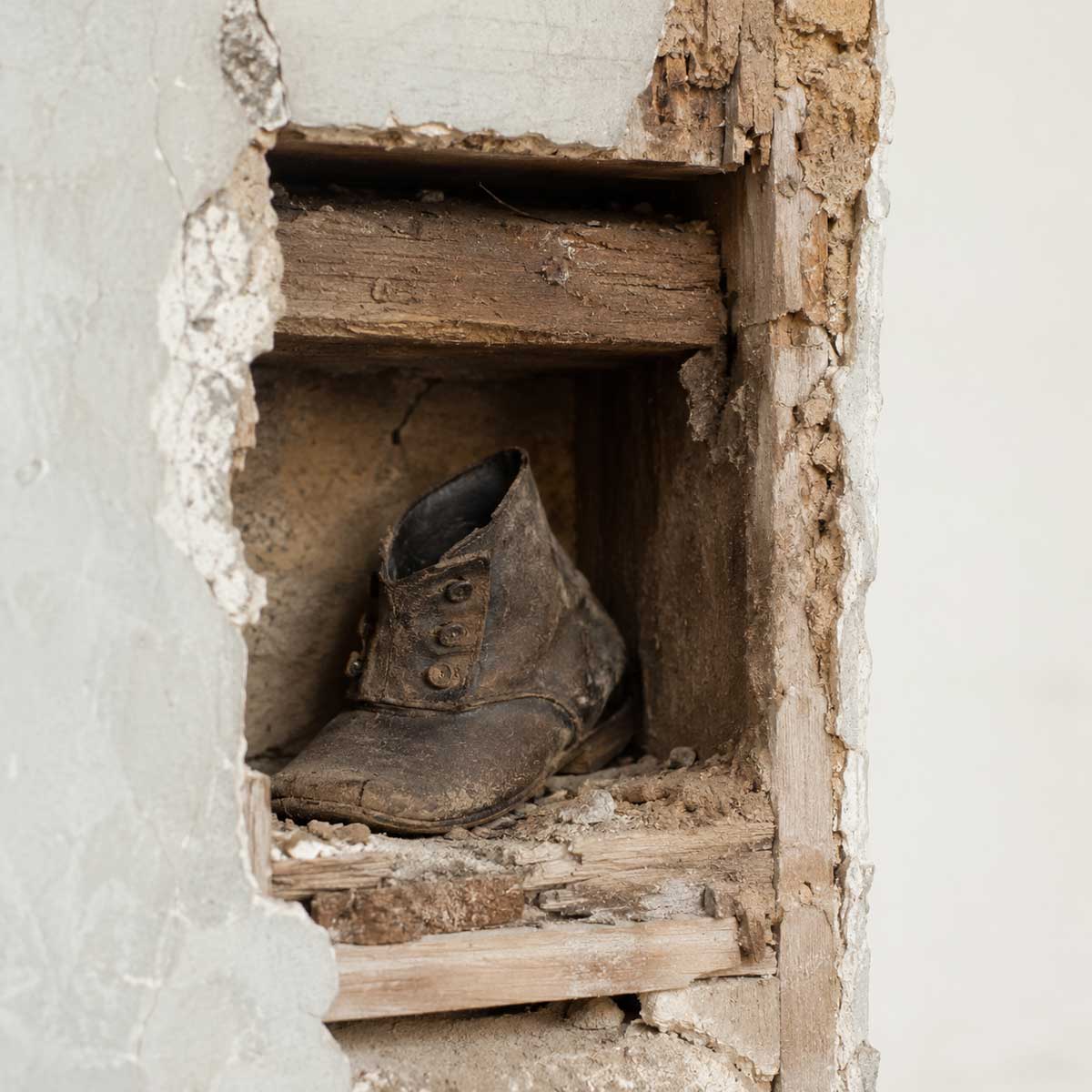 A worn nineteenth-century child’s leather shoe concealed inside an opened lime-plaster wall.