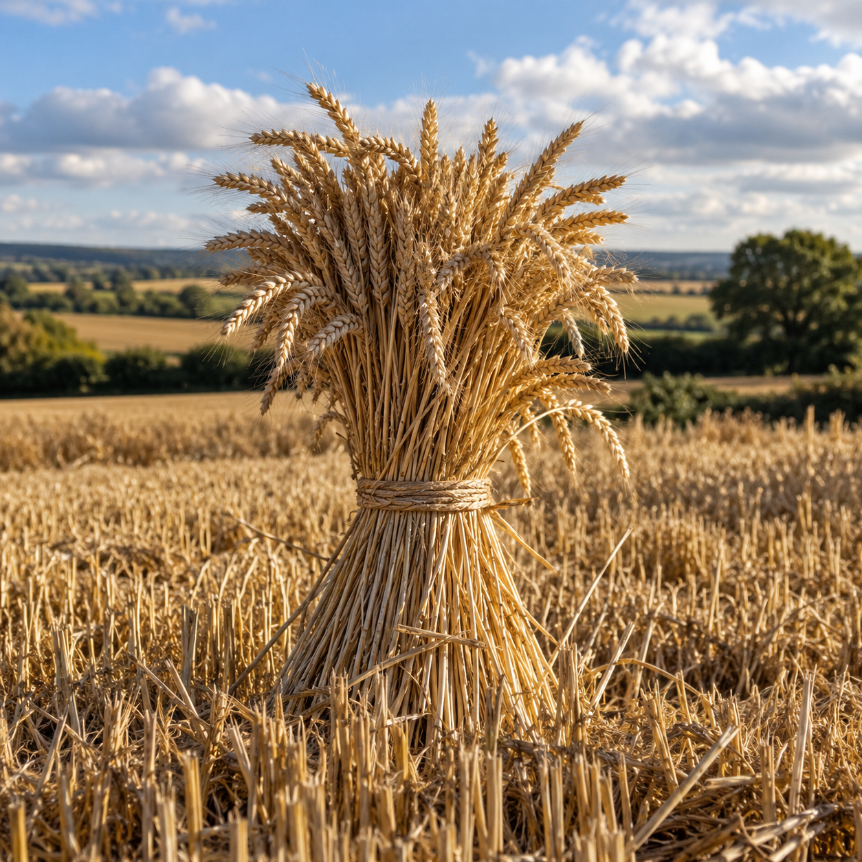 A tied sheaf of golden wheat standing upright in a freshly harvested field.