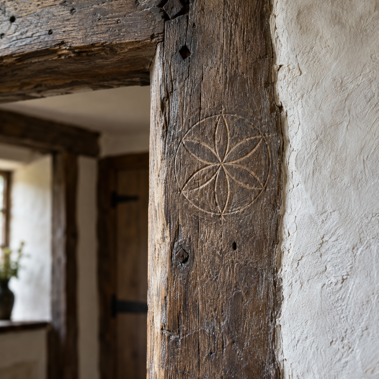 A six-petalled circular mark scratched into an old wooden doorway beside a pale plaster wall.