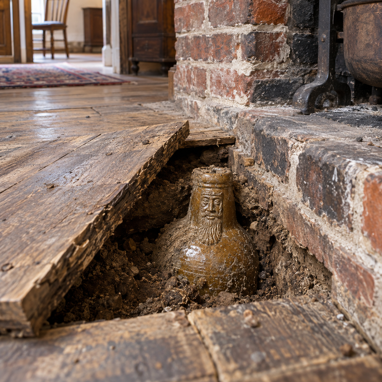 A sealed brown stoneware bottle concealed beneath old wooden floorboards beside a brick hearth.